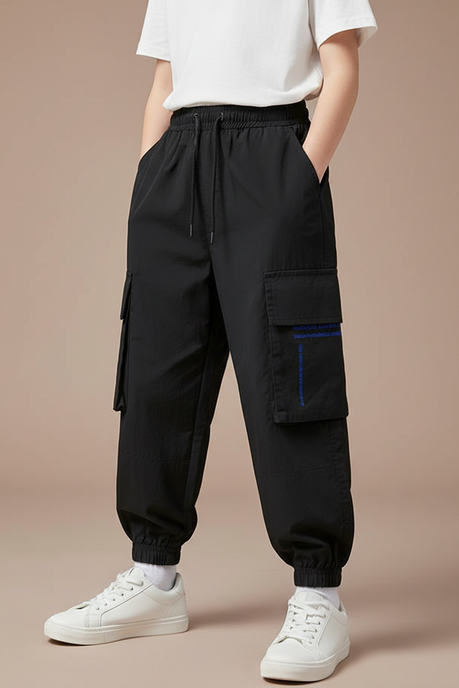 Pantalon Parachute Noir Cargo Ample Sport Enfant - Polyester