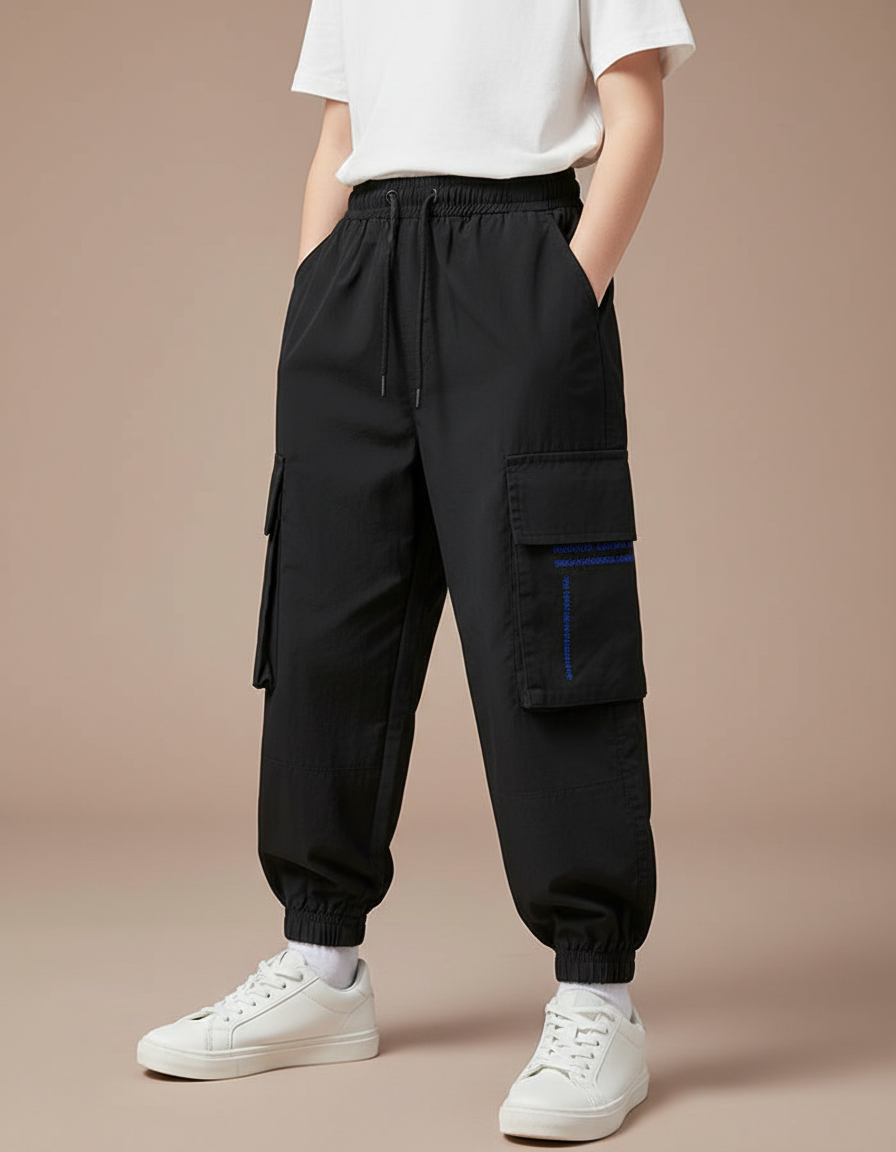 Pantalon Parachute Noir Cargo Ample Sport Enfant - Polyester