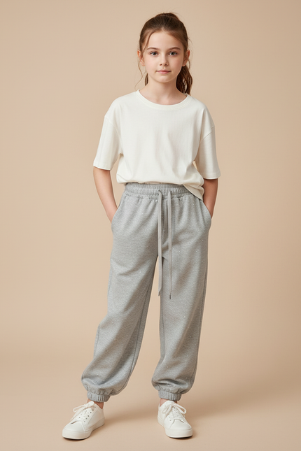 Pantalon Parachute Gris Ample Décontracté Scintillant Fille - Molleton
