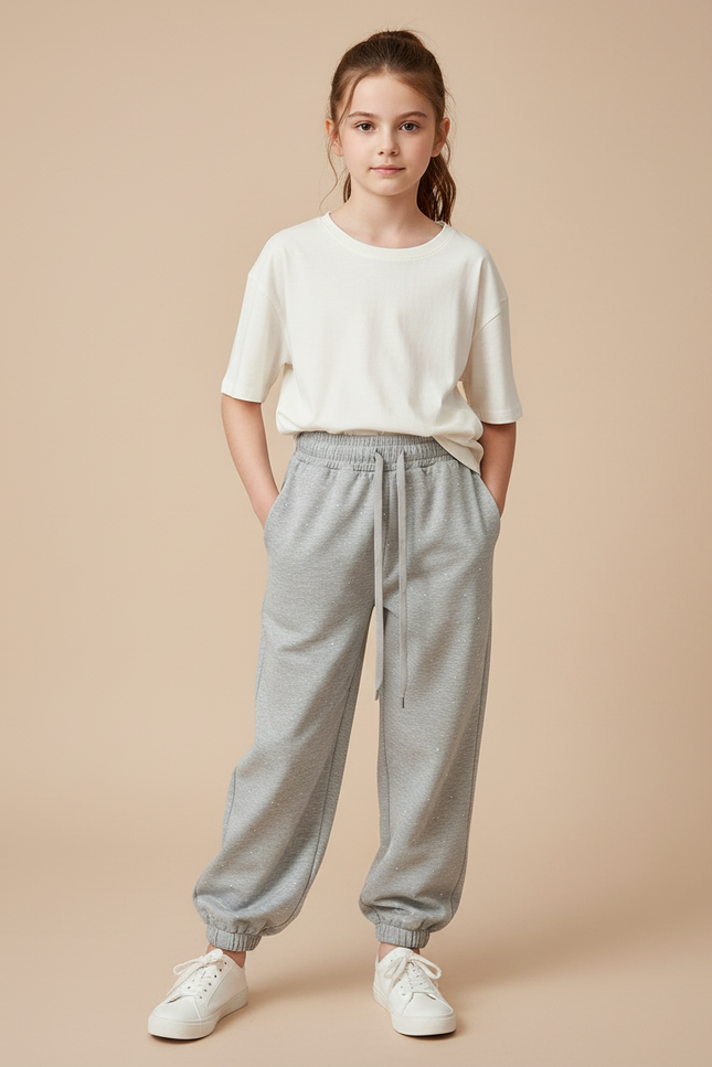 Pantalon Parachute Gris Ample Décontracté Scintillant Fille - Molleton
