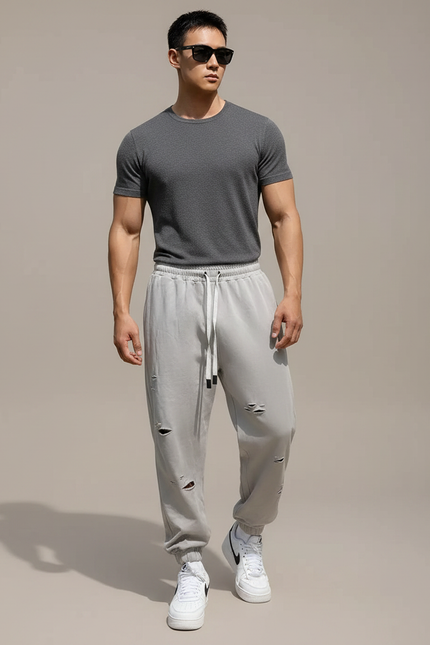 Pantalon Parachute Gris Déchiré Jogging Cordon Homme - Molleton