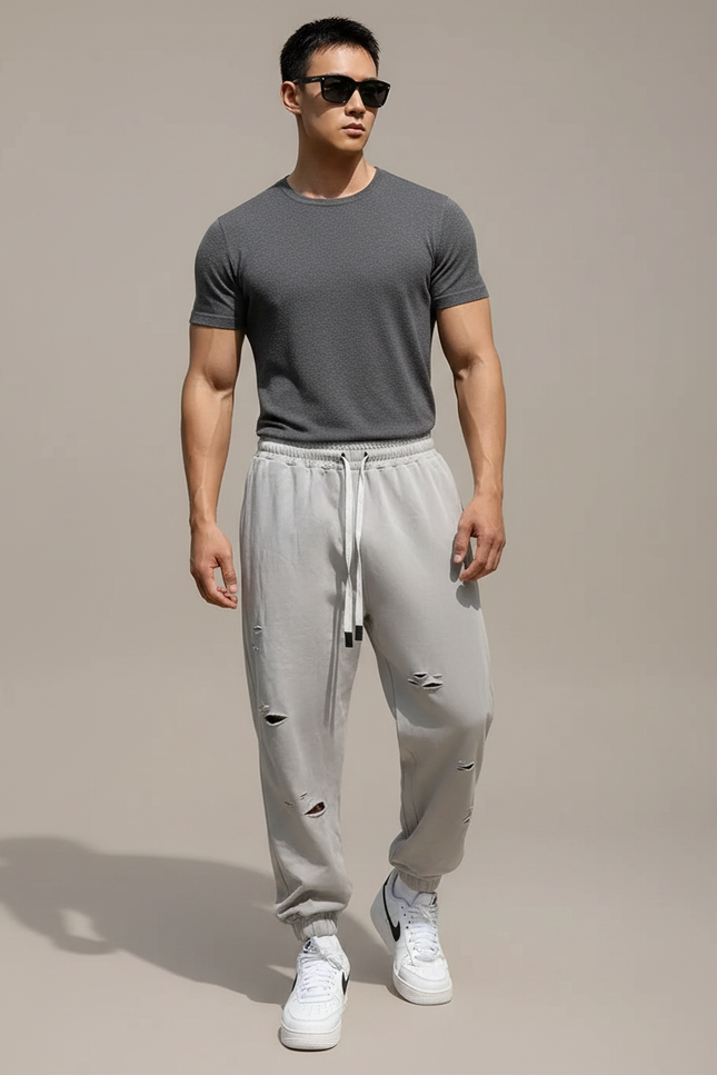 Pantalon Parachute Gris Déchiré Jogging Cordon Homme - Molleton
