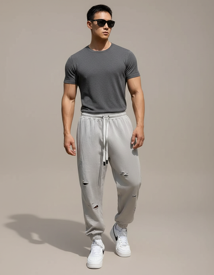 Pantalon Parachute Gris Déchiré Jogging Cordon Homme - Molleton