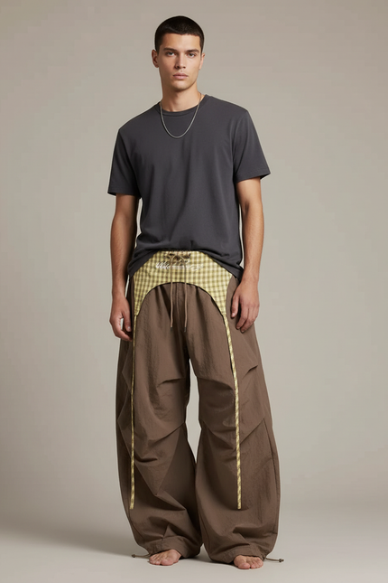 Pantalon Parachute Marron Ample Gingham Décontracté Homme - Polyester