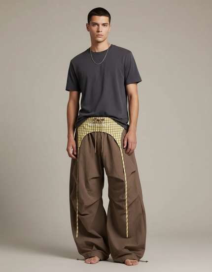 Pantalon Parachute Marron Ample Gingham Décontracté Homme - Polyester