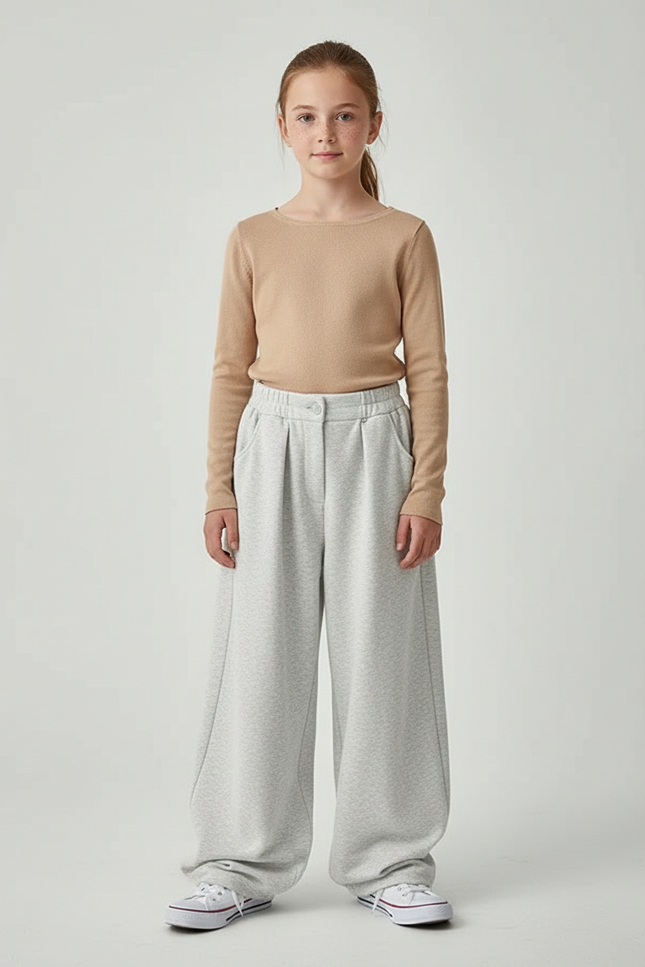 Pantalon Parachute Gris Ample Confortable Fille Coton - Molleton