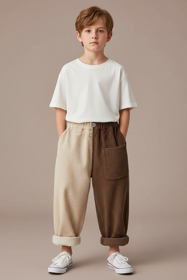 Pantalon Parachute Bicolore Côtelé Ample Décontracté Enfant - Multicolore Cordé