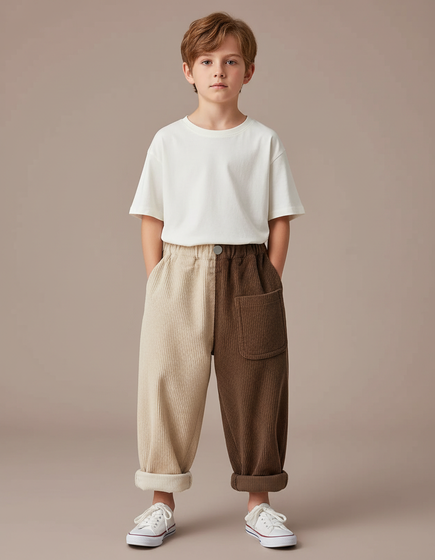 Pantalon Parachute Bicolore Côtelé Ample Décontracté Enfant - Multicolore Cordé