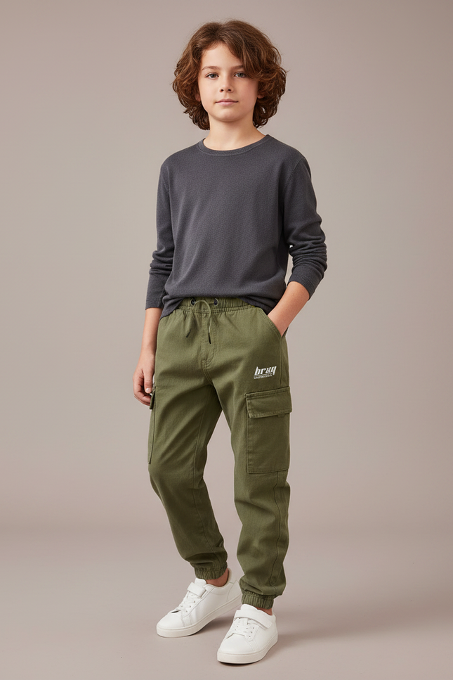 Pantalon Parachute Kaki Cargo Garçon Streetwear Coton