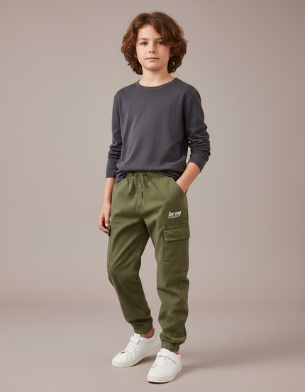 Pantalon Parachute Kaki Cargo Garçon Streetwear Coton