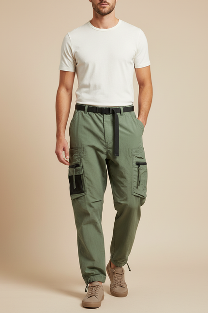 Pantalon Parachute Vert Cargo Ample Fonctionnel Homme - Polyester