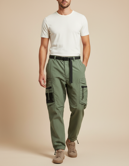 Pantalon Parachute Vert Cargo Ample Fonctionnel Homme - Polyester