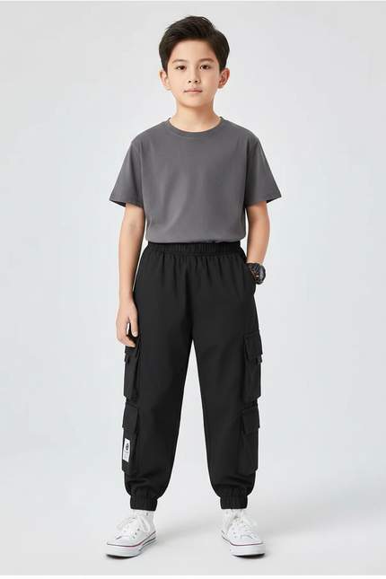 Pantalon Parachute Noir Cargo Ample Garçon Polyvalent - Polyester