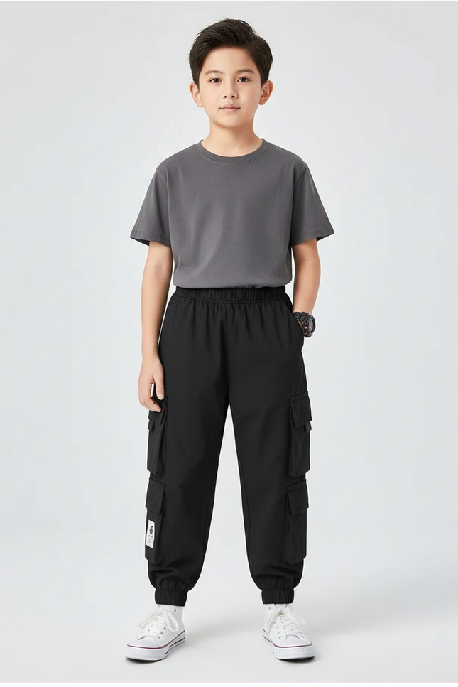 Pantalon Parachute Noir Cargo Ample Garçon Polyvalent - Polyester