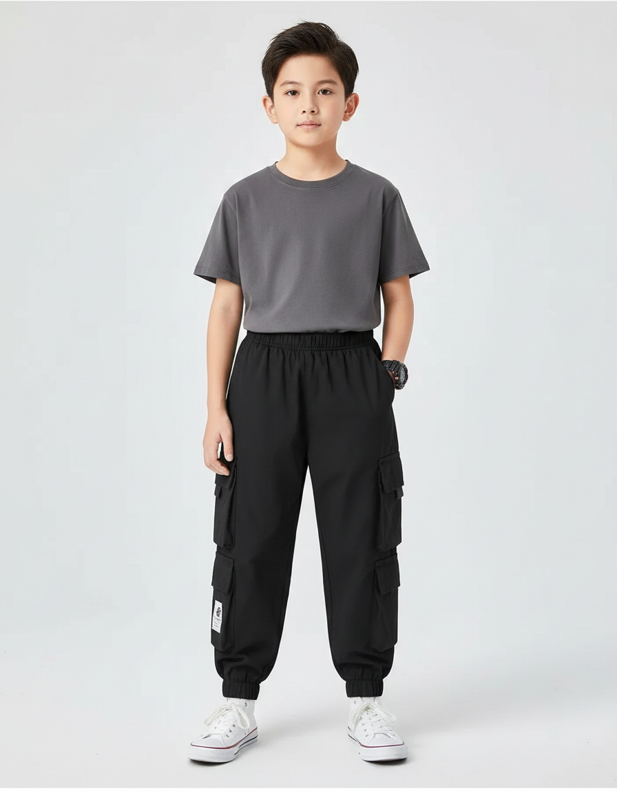 Pantalon Parachute Noir Cargo Ample Garçon Polyvalent - Polyester