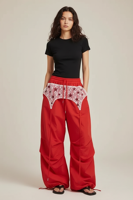 Pantalon Parachute Rouge Ample Dentelle Étoiles Femme - Polyester