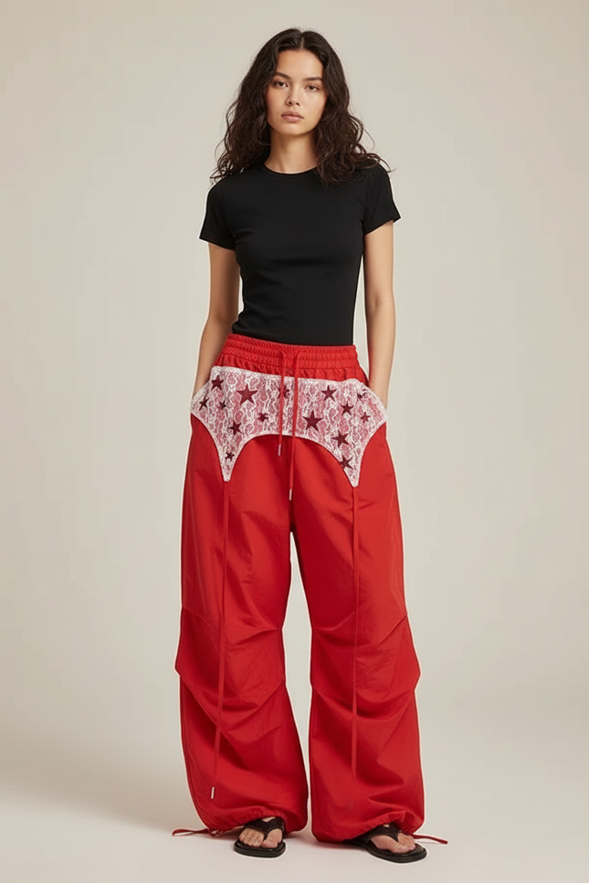 Pantalon Parachute Rouge Ample Dentelle Étoiles Femme - Polyester