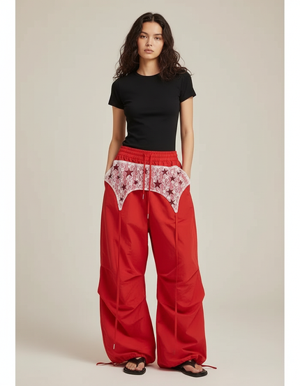 Pantalon Parachute Rouge Ample Dentelle Étoiles Femme - Polyester