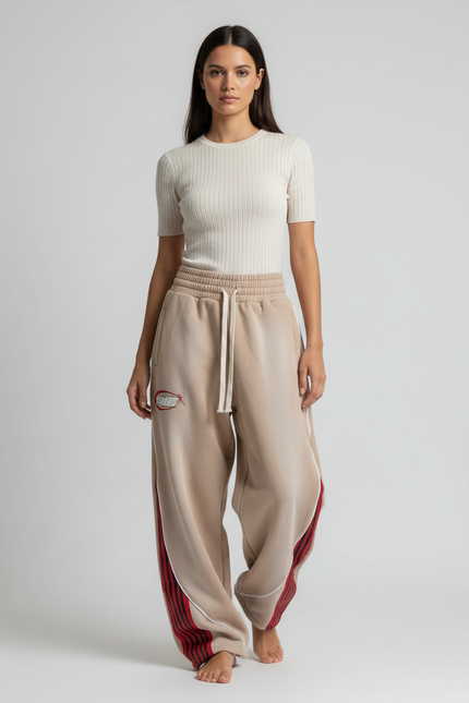 Pantalon Parachute Beige Ample Rayures Rouges Streetwear - Molleton