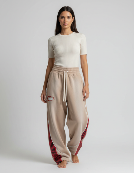 Pantalon Parachute Beige Ample Rayures Rouges Streetwear - Molleton