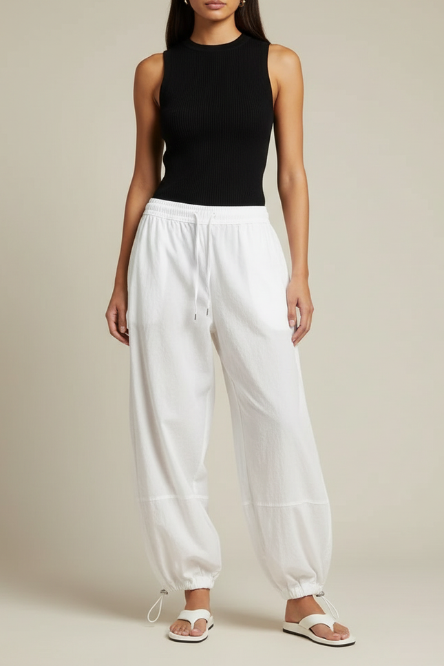 Pantalon Parachute Blanc Ample Cordon Fluide Femme - Coton