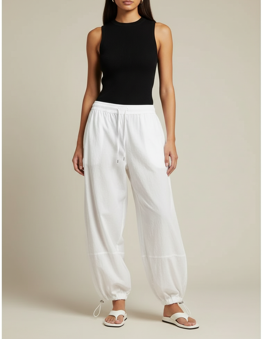 Pantalon Parachute Blanc Ample Cordon Fluide Femme - Coton