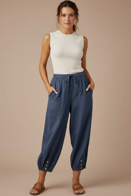 Pantalon Parachute Bleu Coton Ample Décontracté Boutons - Lin