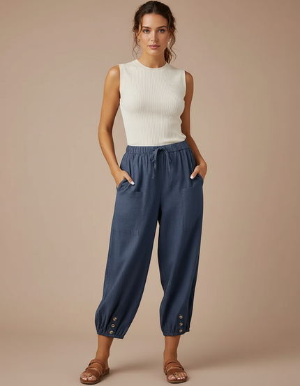 Pantalon Parachute Bleu Coton Ample Décontracté Boutons - Lin
