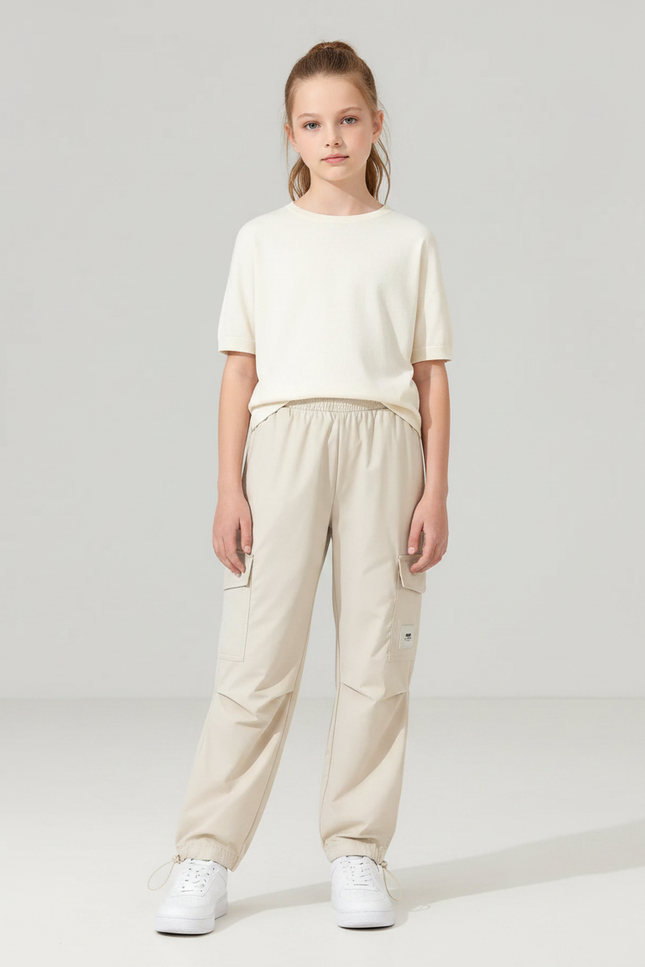 Pantalon Parachute Beige Ample Cargo Fille Décontracté - Polyester