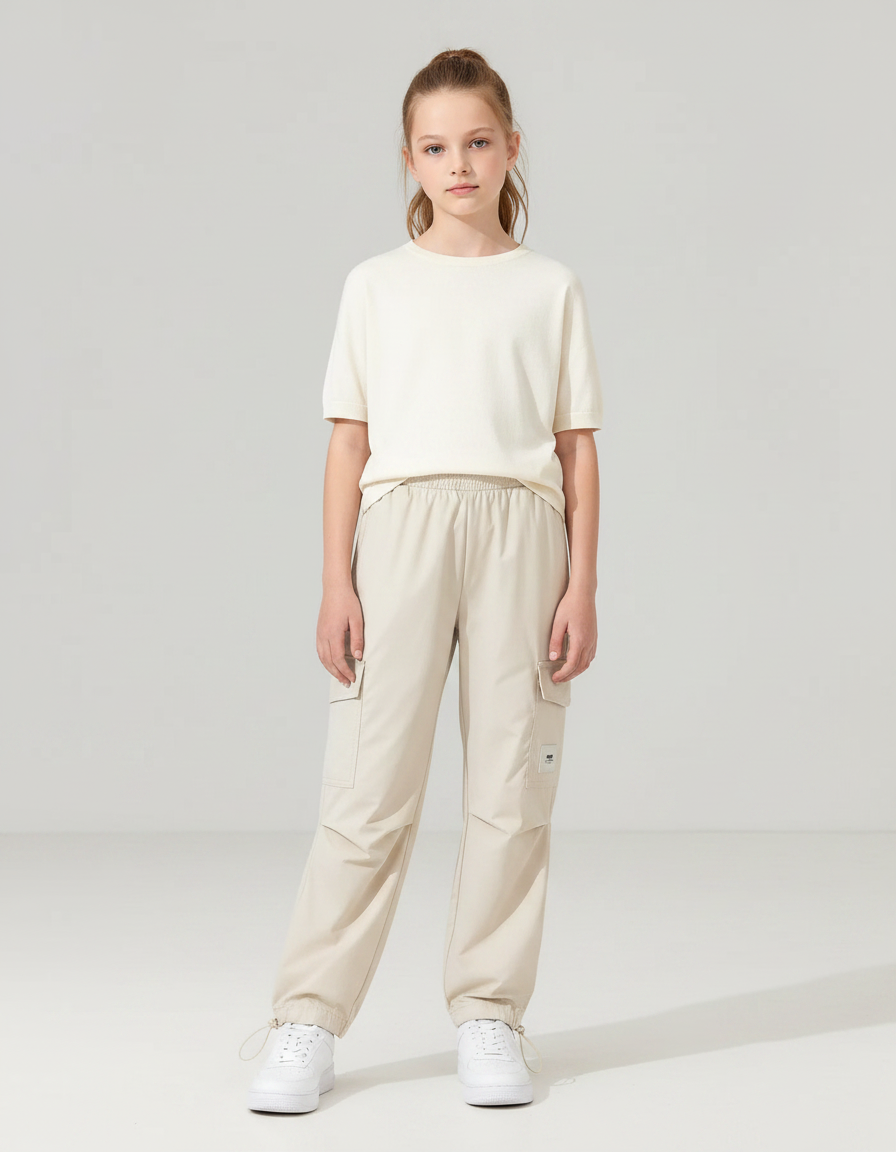 Pantalon Parachute Beige Ample Cargo Fille Décontracté - Polyester