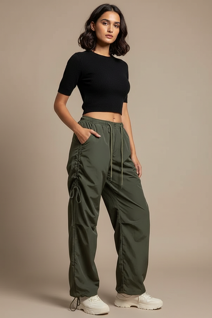 Pantalon Parachute Kaki Ample Cordon Décontracté - Polyester