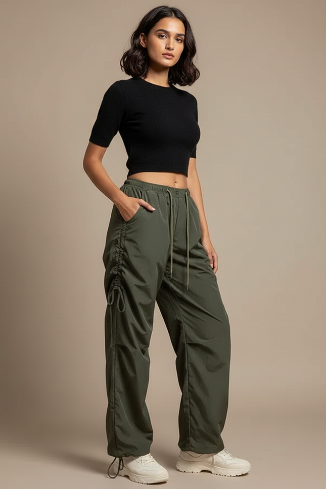 Pantalon Parachute Kaki Ample Cordon Décontracté - Polyester