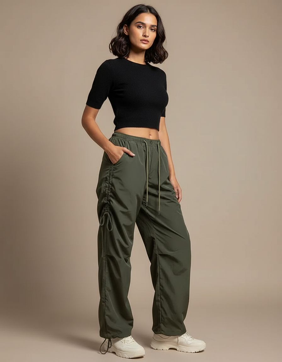 Pantalon Parachute Kaki Ample Cordon Décontracté - Polyester