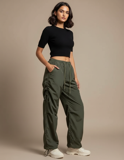 Pantalon Parachute Kaki Ample Cordon Décontracté - Polyester