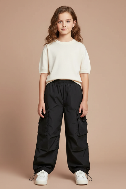 Pantalon Parachute Noir Cargo Ample Enfant Décontracté - Polyester