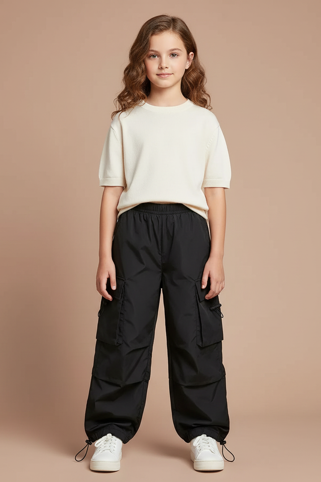 Pantalon Parachute Noir Cargo Ample Enfant Décontracté - Polyester