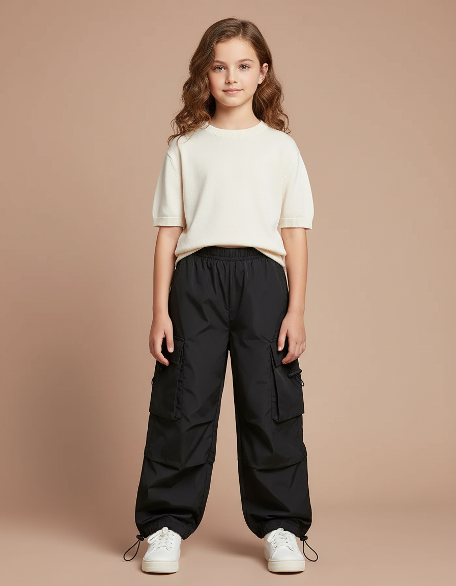 Pantalon Parachute Noir Cargo Ample Enfant Décontracté - Polyester