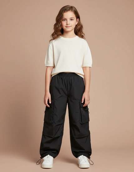 Pantalon Parachute Noir Cargo Ample Enfant Décontracté - Polyester