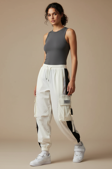 Pantalon Parachute Blanc Cargo Bicolore Ample Femme - Polyester