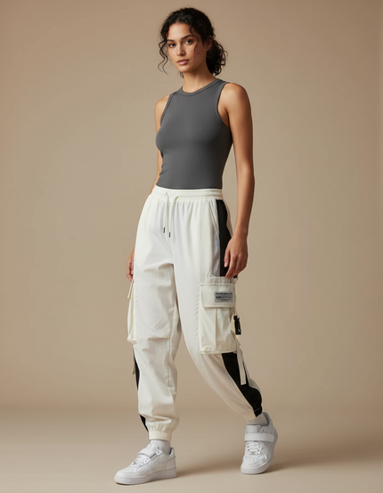 Pantalon Parachute Blanc Cargo Bicolore Ample Femme - Polyester