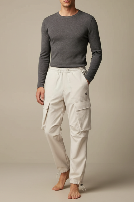 Pantalon Parachute Beige Ample Cargo Cordon Homme - Polyester
