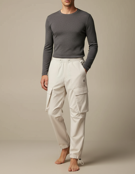 Pantalon Parachute Beige Ample Cargo Cordon Homme - Polyester