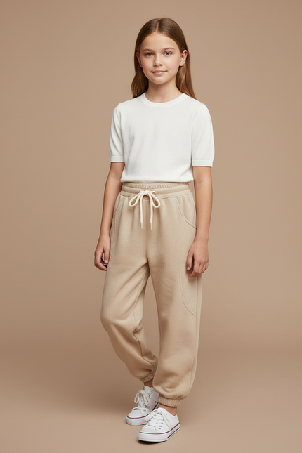 Pantalon Parachute Beige Ample Molleton Décontracté Enfant
