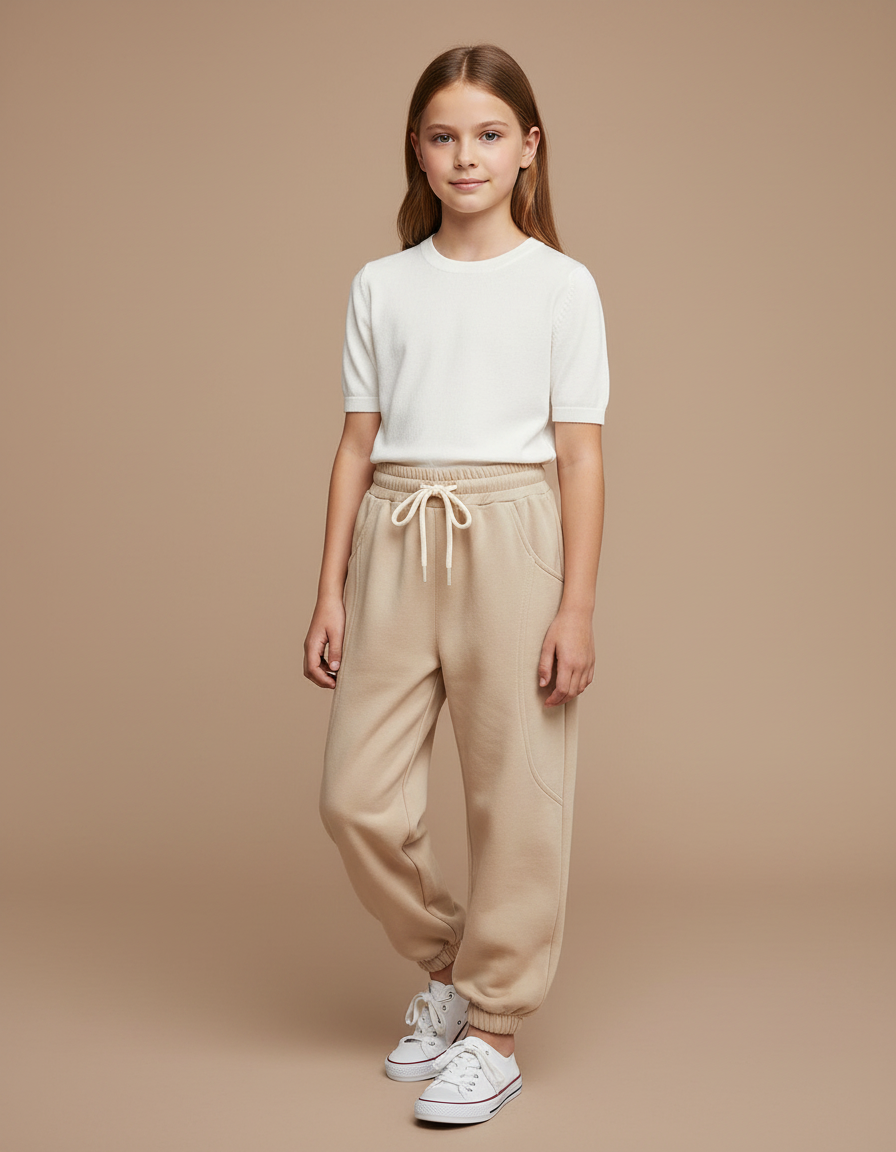 Pantalon Parachute Beige Ample Molleton Décontracté Enfant