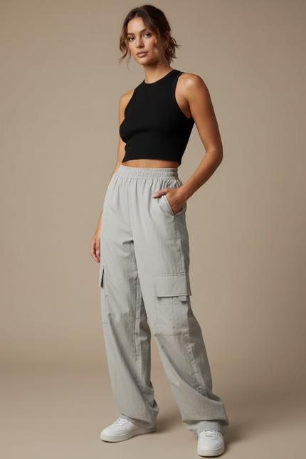 Pantalon Parachute Gris Cargo Ample Confortable Décontracté - Polyester