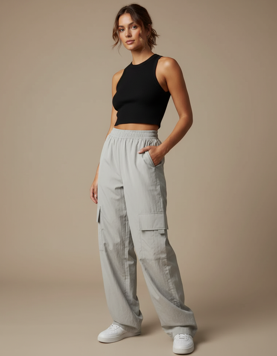 Pantalon Parachute Gris Cargo Ample Confortable Décontracté - Polyester
