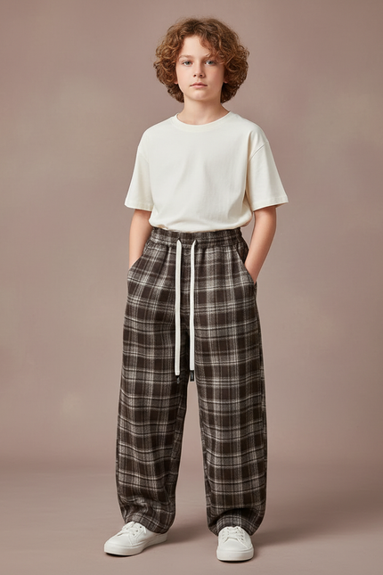 Pantalon Parachute Plaid Marron Ample Cordon Décontracté - Tweed