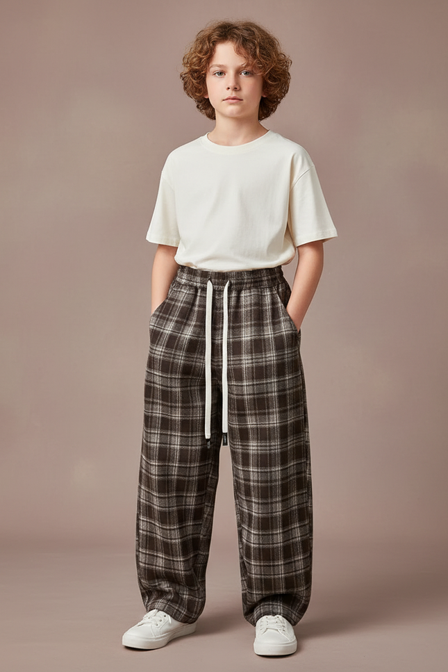 Pantalon Parachute Plaid Marron Ample Cordon Décontracté - Tweed
