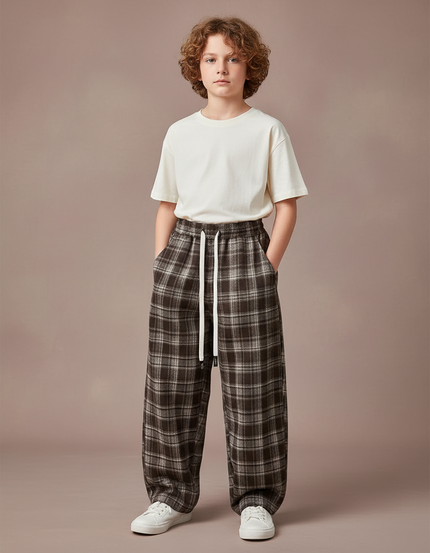 Pantalon Parachute Plaid Marron Ample Cordon Décontracté - Tweed