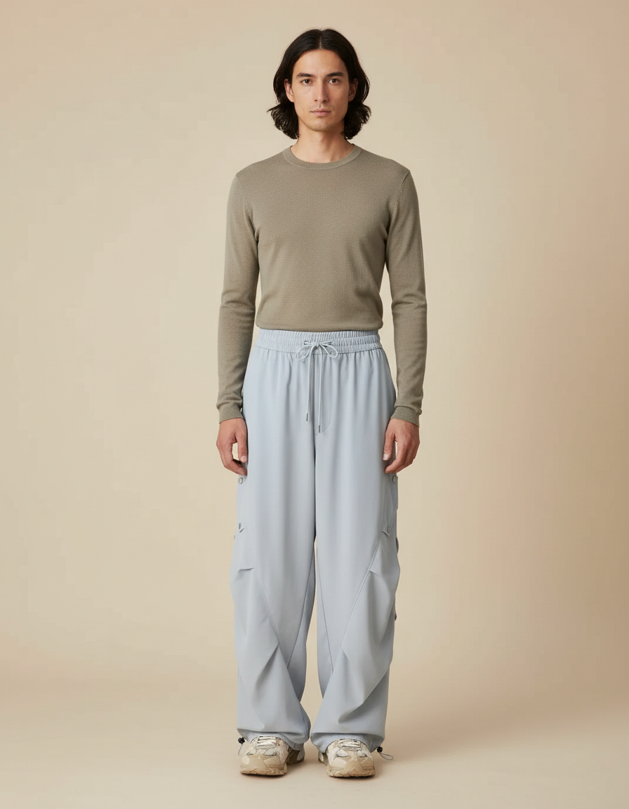 Pantalon Parachute Bleu Ciel Ample Léger Cargo - Polyester